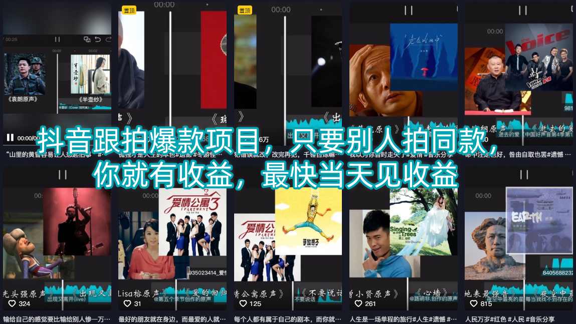抖音跟拍爆款项目，只要别人拍同款，你就有收益，最快当天见收益-独家科技资源网