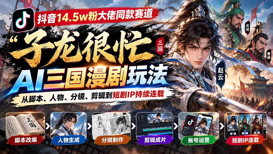 抖音14.5w粉大佬同款赛道「子龙很忙」AI三国漫剧玩法:从脚本、人物、分镜、剪辑到短剧IP持续连载-独家科技资源网