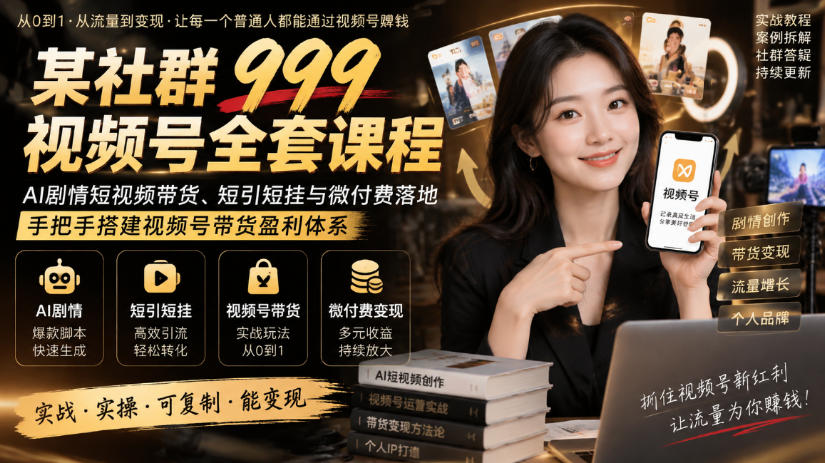 某社群999视频号全套课程,AI剧情短视频带货、短引短挂与微付费落地,手把手搭建视频号带货盈利体系-独家科技资源网