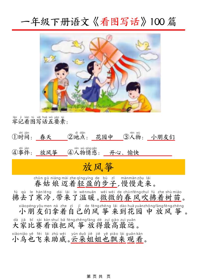 一年级下语文看图写话五要素训练-独家科技资源网