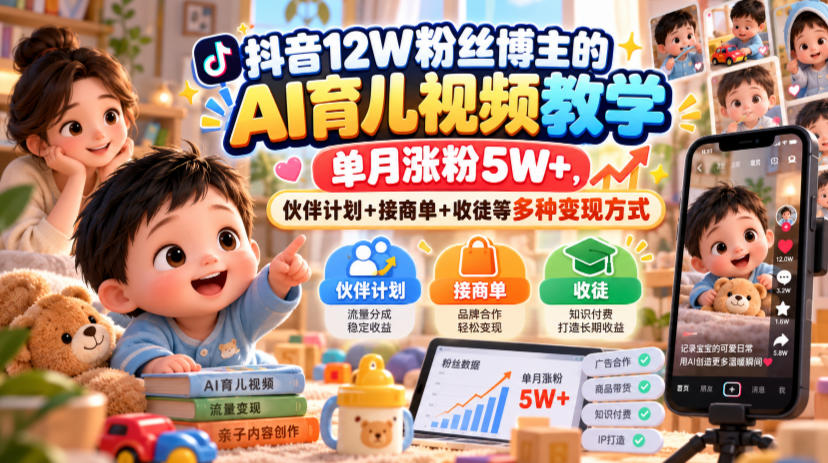 抖音12W粉丝博主的AI育儿视频教学，单月涨粉5W+，伙伴计划+接商单+收徒等多种变现方式-独家科技资源网