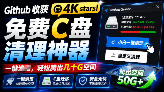 Github收获4K stars！免费C盘清理神器，轻松腾出几十G空间，支持C盘迁移Windows Cleaner-独家科技资源网