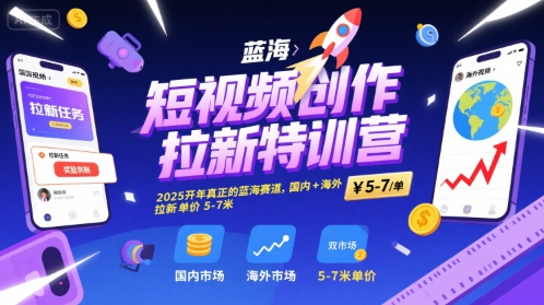 短视频创作拉新特训营，2025开年真正的蓝海赛道，国内+海外，拉新单价5-7米-独家科技资源网