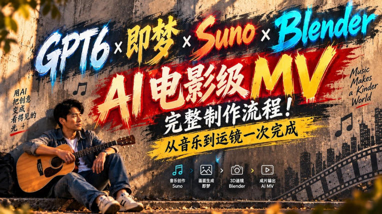 GPT6×即梦×Suno×Blender｜AI电影级MV完整制作流程！从音乐到运镜一次完成！-独家科技资源网