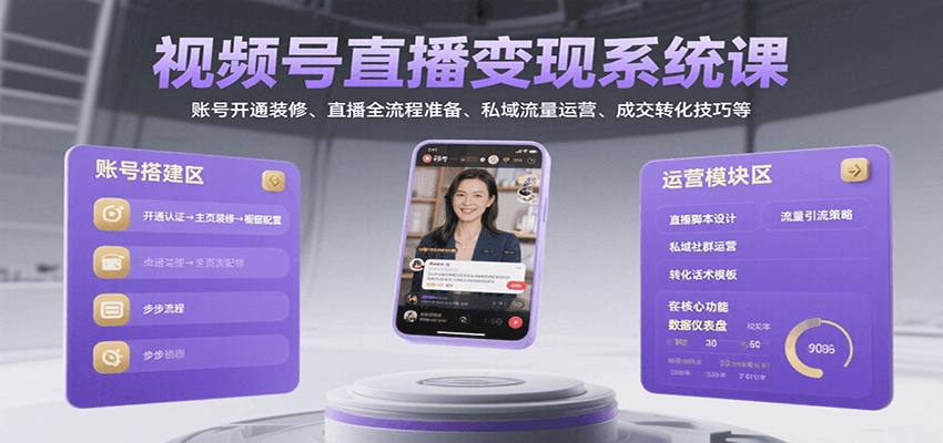 视频号直播变现系统课，账号开通装修、直播全流程准备、私域流量运营、成交转化技巧等-独家科技资源网