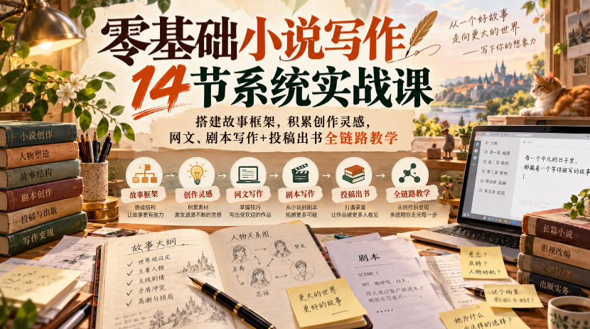 零基础小说写作14节系统实战课，搭建故事框架，积累创作灵感，网文、剧本写作+投稿出书全链路教学-独家科技资源网