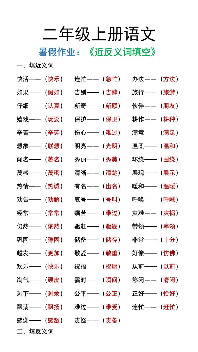 二年级上册语文暑假作文《近义词反义词填空》-独家科技资源网