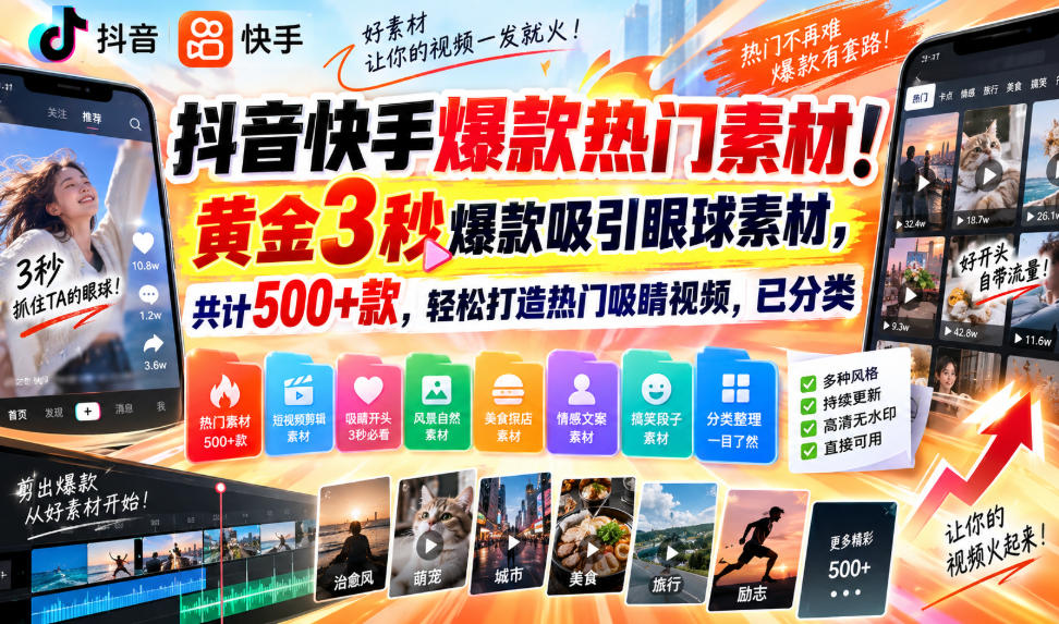 抖音快手爆款热门素材!黄金3秒爆款吸引眼球素材,共计500+款,轻松打造热门吸睛视频,已分类-独家科技资源网