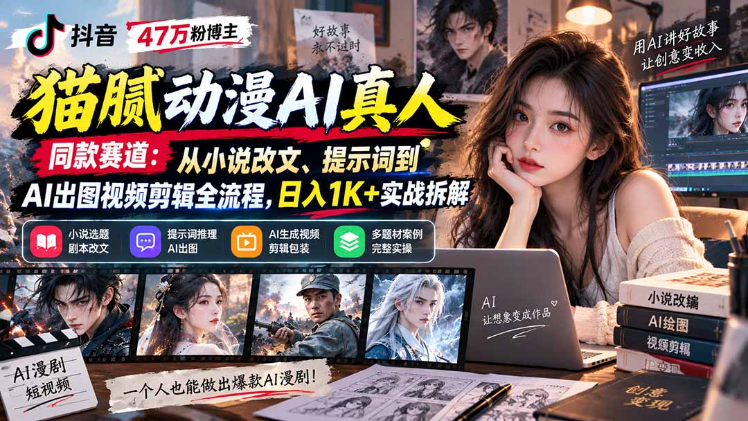 抖音47万粉博主猫腻动漫AI真人同款赛道：从小说改文、提示词到AI出图视频剪辑全流程，日入1K+实战拆解-独家科技资源网