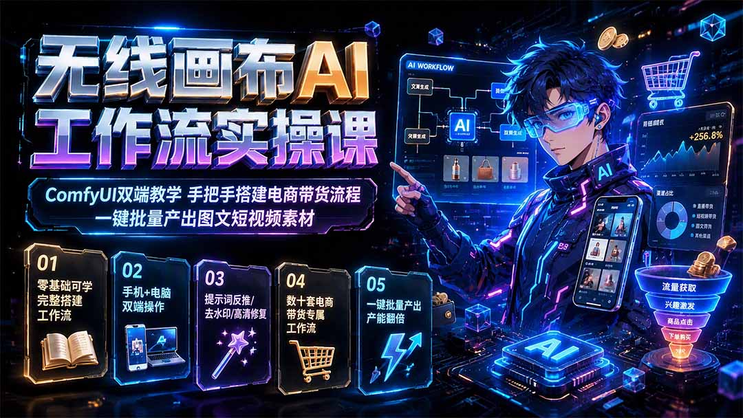 无线画布AI工作流实操课｜ComfyUI双端教学，手把手搭建电商带货流程，一键批量产出图文短视频素材-独家科技资源网