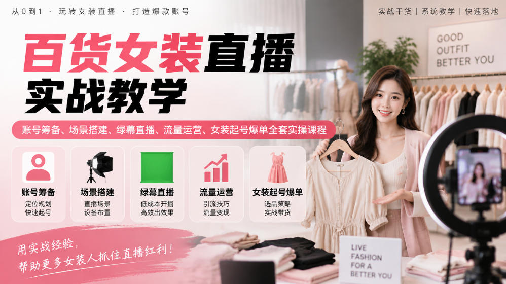 百货女装直播实战教学｜账号筹备、场景搭建、绿幕直播、流量运营、女装起号爆单全套实操课程-独家科技资源网