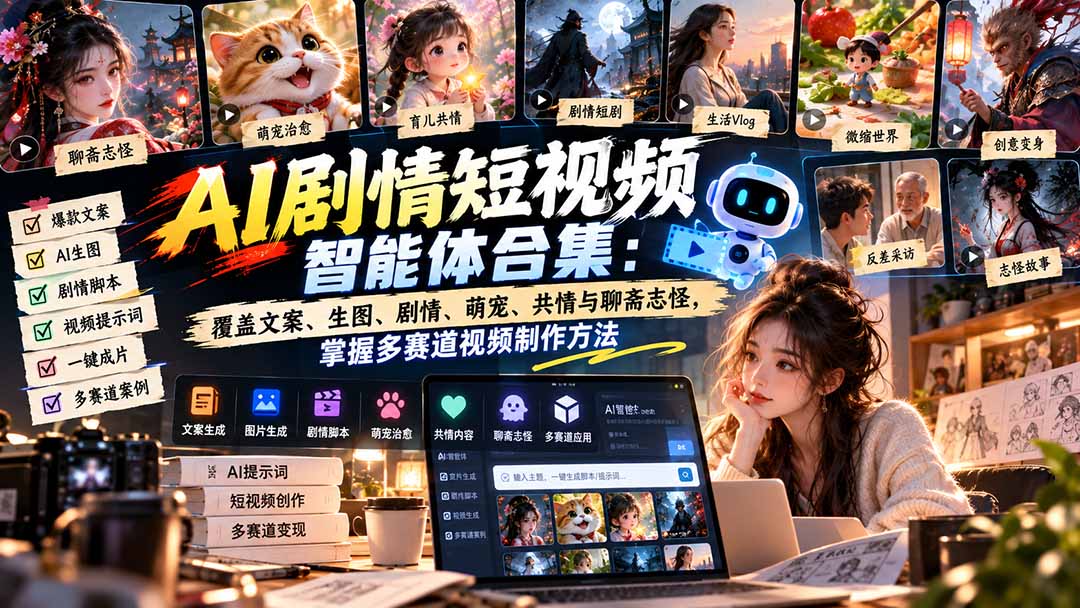【无水印】AI剧情短视频智能体合集：覆盖文案、生图、剧情、萌宠、共情与聊斋志怪，掌握多赛道视频制作方法-独家科技资源网