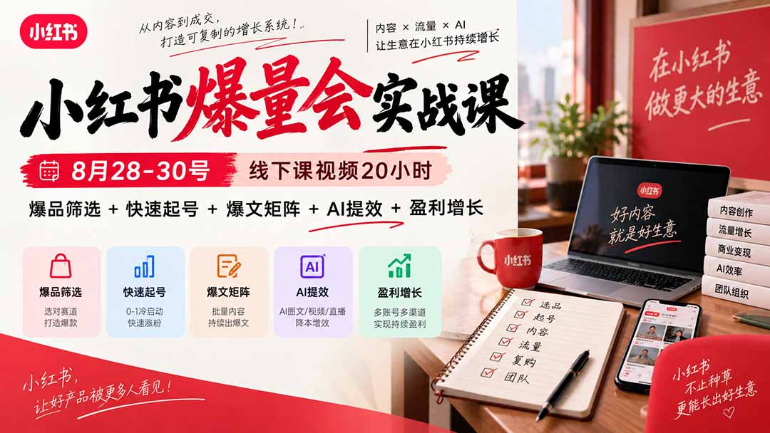 小红书爆量会实战课-更新9月17：线下课视频20小时，爆品筛选+快速起号+爆文矩阵+AI提效+盈利增长-独家科技资源网