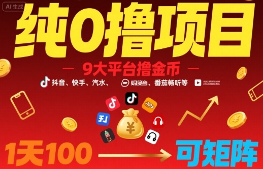 纯0撸项目，9大平台撸金币，抖音，快手，汽水，番茄畅听等，1天100，可矩阵-独家科技资源网