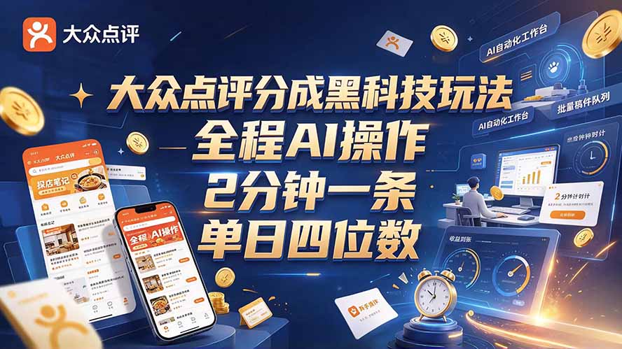 大众点评分成全网独家玩法,AI 全自动出内容,2 分钟一条,小白可冲单日四位数-独家科技资源网