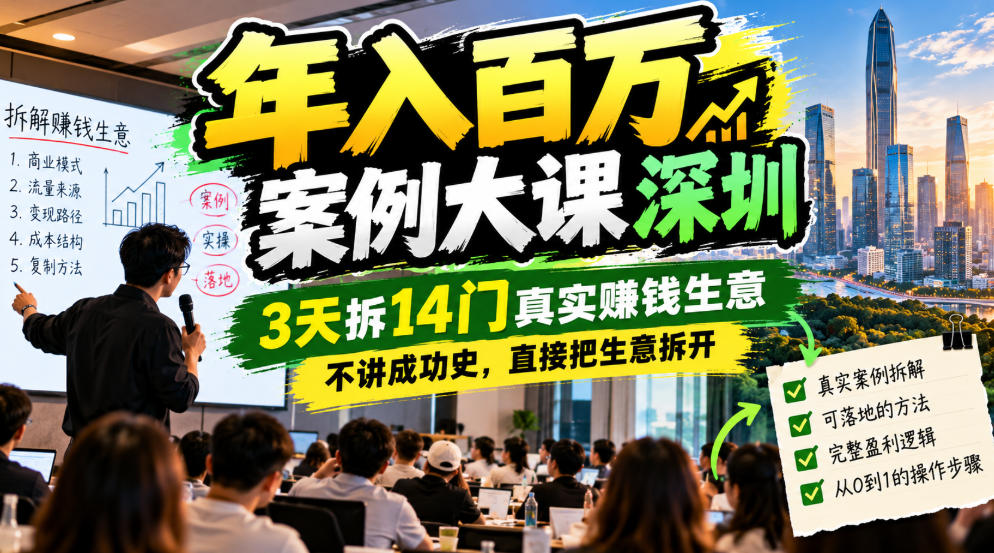 年入百W案例大课深圳,3天拆14门真实賺钱生意,不讲成功史,直接把生意拆开-独家科技资源网