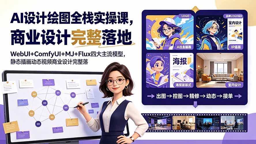 AI设计绘图全栈实操课，WebUI+ComfyUI+MJ+Flux四大主流模型，静态插画动态视频商业设计完整落地教程-独家科技资源网
