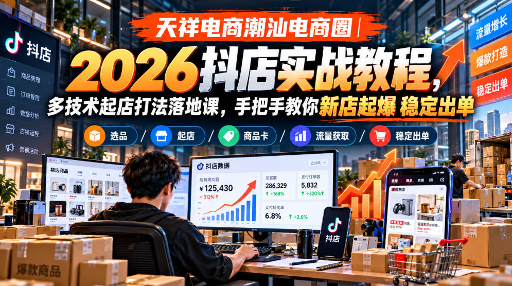 天祥电商潮汕电商圈|2026抖店实战教程,多技术起店打法落地课,手把手教你新店起爆稳定出单-独家科技资源网