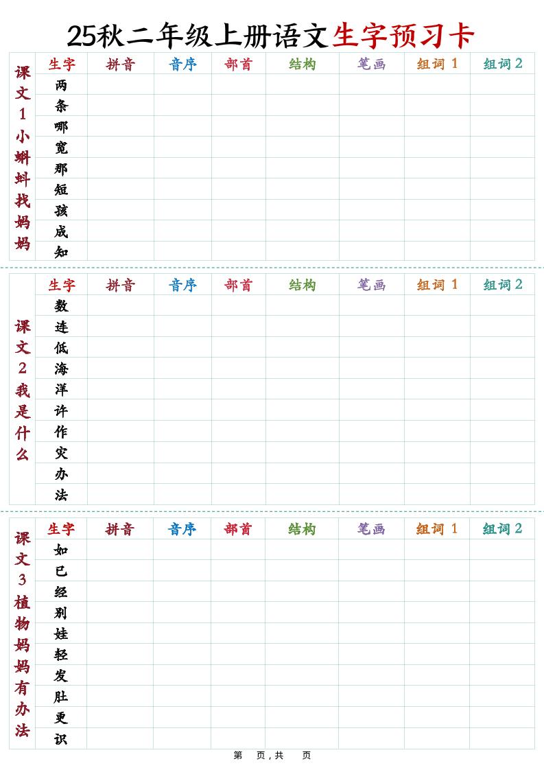 25秋新二上语文生字预习卡（11页）-独家科技资源网