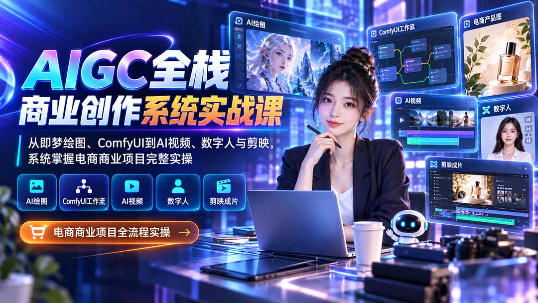 AIGC全栈商业创作系统实战课-无水印:从即梦绘图、ComfyUI到AI视频、数字人与剪映,系统掌握电商商业项目完整实操-独家科技资源网