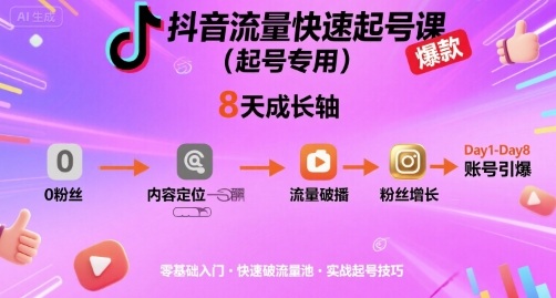抖音流量快速起号课(起号专用)，8天带你做爆自己的账号-独家科技资源网