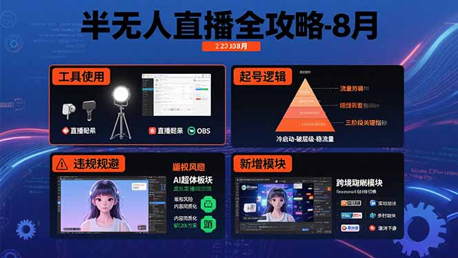 半无人直播全攻略-8月：工具使用+起号逻辑+违规规避,新增AI超体与跨境模块-独家科技资源网