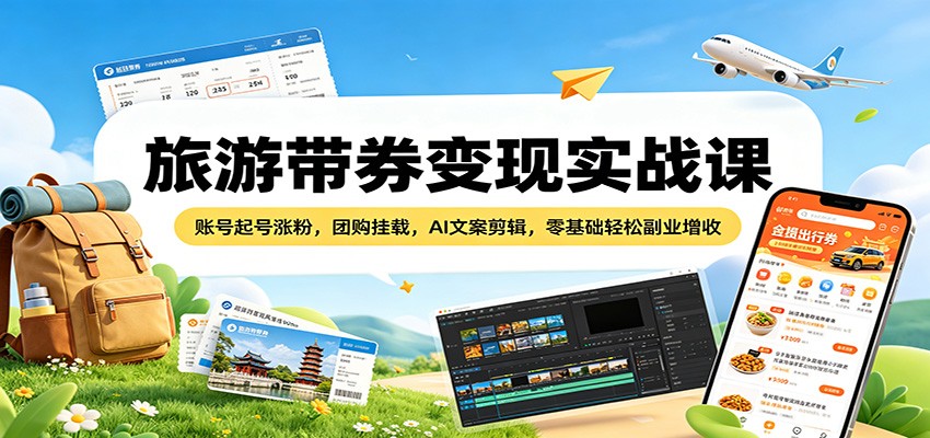 旅游带券变现实战课：账号起号涨粉，团购挂载，AI文案剪辑，零基础轻松副业增收-独家科技资源网