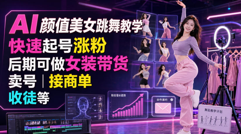 AI颜值美女跳舞教学,快速起号涨粉,后期可做女装带货,卖号,接商单,收徒等-独家科技资源网