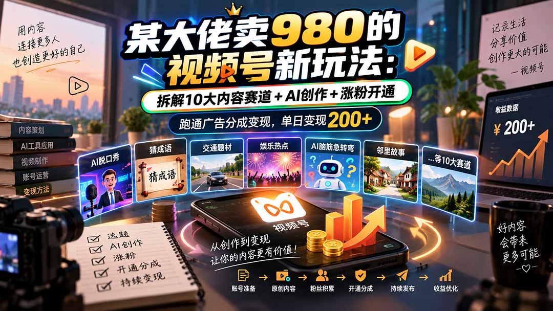 某大佬卖980的视频号新玩法:拆解10大内容赛道+AI创作+涨粉开通,跑通广告分成变现,单日变现200+-独家科技资源网