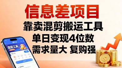 信息差项目，靠卖混剪搬运工具，单日变现4位数，需求量大，复购强，操作简单，几分钟一条视频-独家科技资源网