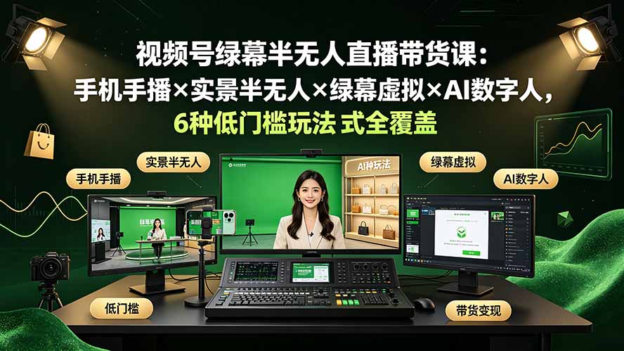 视频号绿幕半无人直播带货课：手机手播×实景半无人×绿幕虚拟×AI数字人，6种低门槛玩法全覆盖-独家科技资源网
