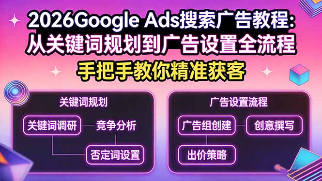 2026Google Ads搜索广告教程：从关键词规划到广告设置全流程，手把手教你精准获客-独家科技资源网