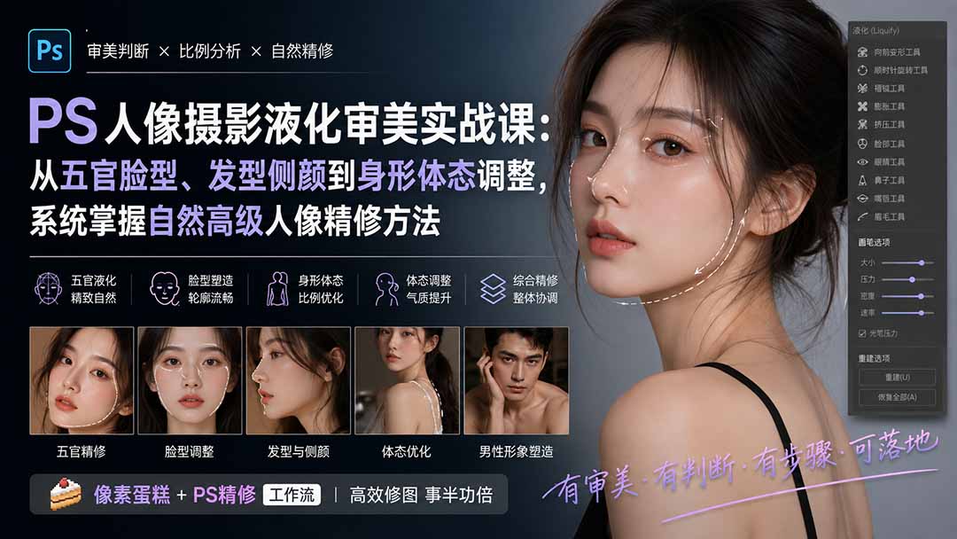 PS人像摄影液化审美实战课：从五官脸型、发型侧颜到身形体态调整，系统掌握自然高级人像精修方法-独家科技资源网