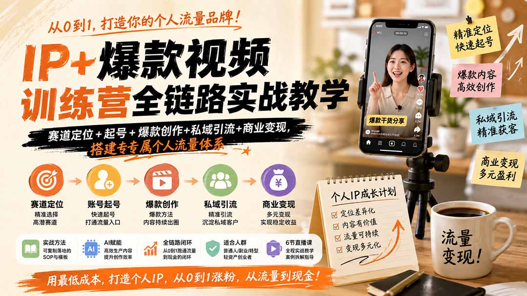IP+爆款视频训练营全链路实战教学；赛道定位+起号+爆款创作+私域引流+商业变现，搭建专属个人流量体系-独家科技资源网