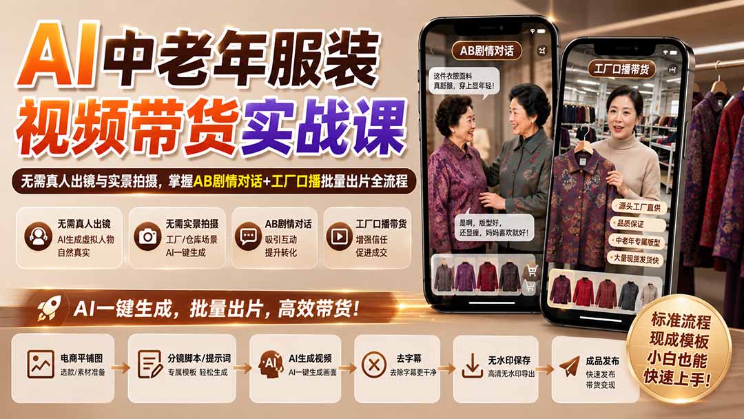 AI中老年服装视频带货实战课:无需真人出镜与实景拍摄,掌握AB剧情对话+工厂口播批量出片全流程-独家科技资源网