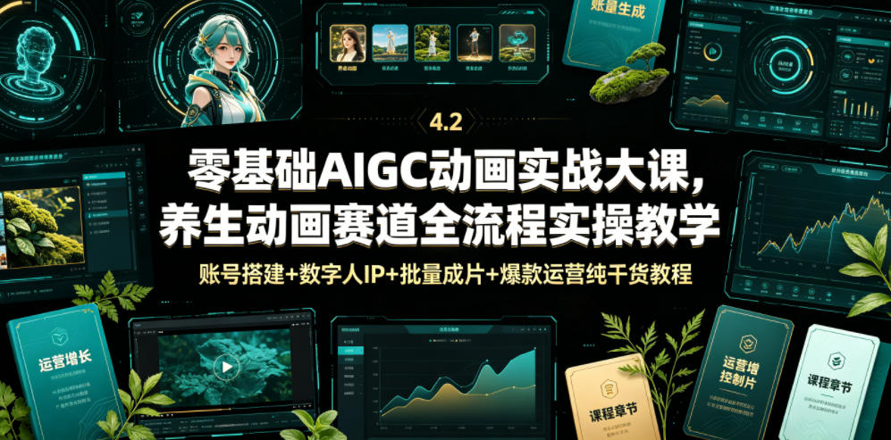 零基础AIGC动画实战大课，养生动画赛道全流程实操教学，账号搭建+数字人IP+批量成片+爆款运营纯干货教程-独家科技资源网