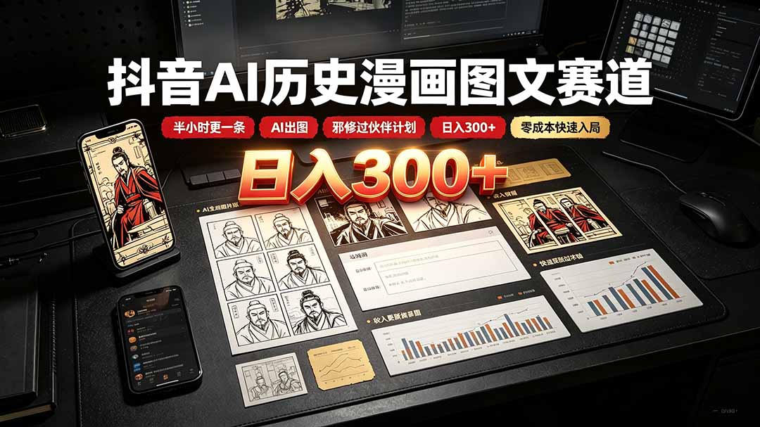抖音AI历史漫画图文赛道：半小时更一条×AI出图×邪修过伙伴计划×日入300+，零成本快速入局-独家科技资源网