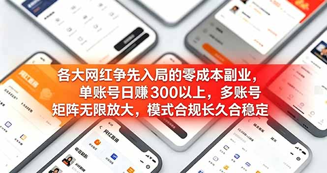 各大网红争先入局的零成本副业，单账号日赚 300 以上，多号矩阵可放大，模式合规长久稳定！-独家科技资源网
