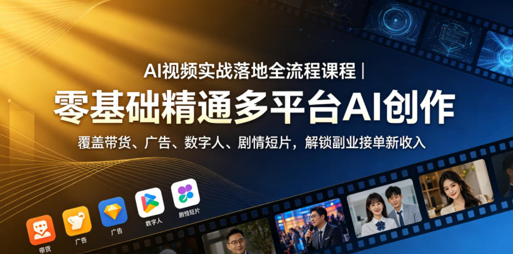 AI视频实战落地全流程课程|零基础精通多平台AI创作,覆盖带货、广告、数字人、剧情短片,解锁副业接单新收入-独家科技资源网