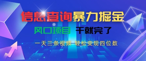 信息查询暴力掘金，一天三条视频，轻松变现四位数，风口项目干就完了【揭秘】-独家科技资源网