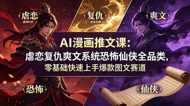 AI漫画推文课：虐恋复仇爽文系统恐怖仙侠全品类，零基础快速上手爆款图文赛道-独家科技资源网