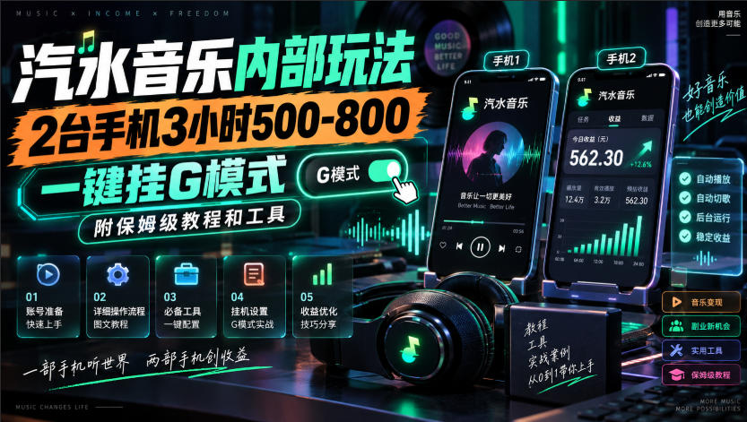 汽水音乐内部玩法，2台手机3小时500-800，一键挂G模式，附保姆级教程和工具【揭秘】-独家科技资源网