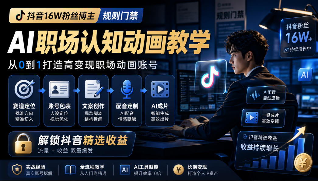 抖音16W粉丝博主规则门禁的AI职场认知动画教学,从赛道定位、账号包装,到文案创作、配音定制、AI成片,解锁抖音精选收益-独家科技资源网