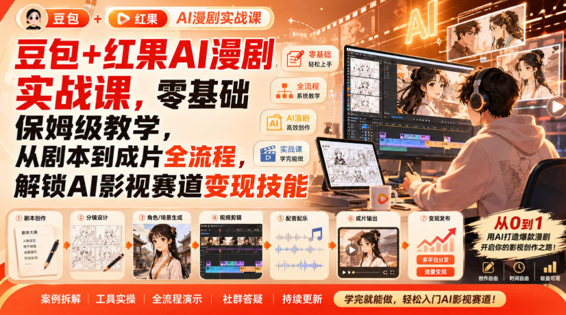 豆包+红果AI漫剧实战课,零基础保姆级教学,从剧本到成片全流程,解锁AI影视赛道变现技能-独家科技资源网
