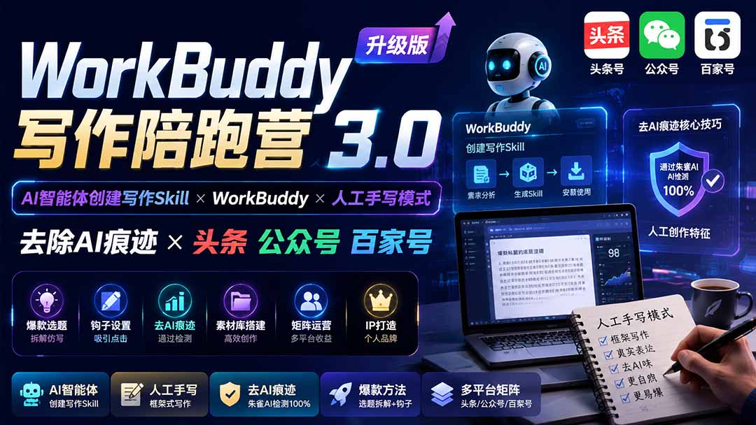 WorkBuddy写作陪跑营3.0-更新：Ai智能体创建写作Skill×WorkBuddy×人工手写模式×去除AI痕迹×头条公众号百家号-独家科技资源网