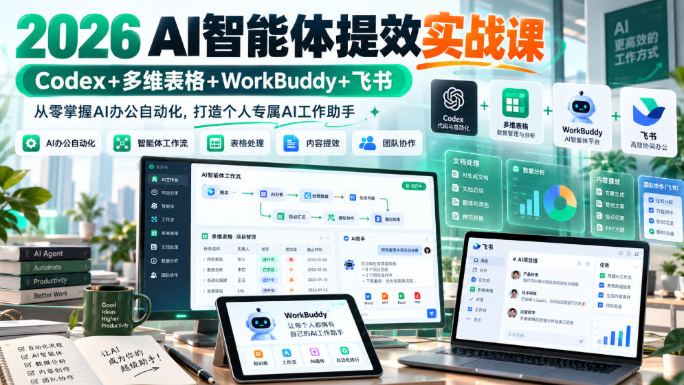 2026 AI智能体提效实战课：Codex+多维表格+WorkBuddy+飞书，从零掌握AI办公自动化，打造个人专属AI工作助手-独家科技资源网