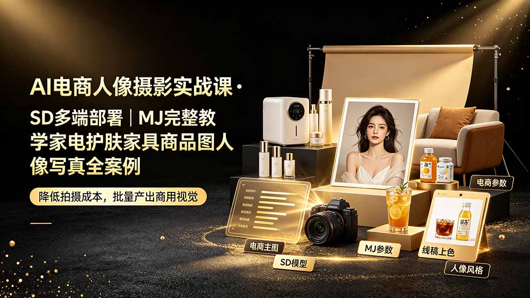 AI电商人像摄影实战课·SD多端部署|MJ完整教学|家电护肤家具商品图人像写真全案例-独家科技资源网