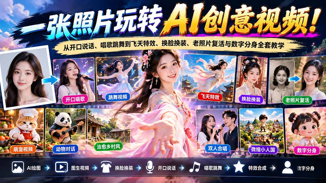 一张照片玩转AI创意视频！从开口说话、唱歌跳舞到飞天特效、换脸换装、老照片复活与数字分身全套教学-独家科技资源网