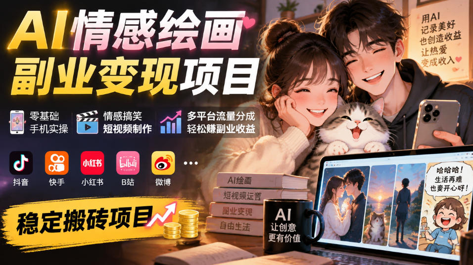 AI情感绘画副业变现项目｜零基础手机实操，情感搞笑短视频制作，多平台流量分成轻松賺副业收益-独家科技资源网
