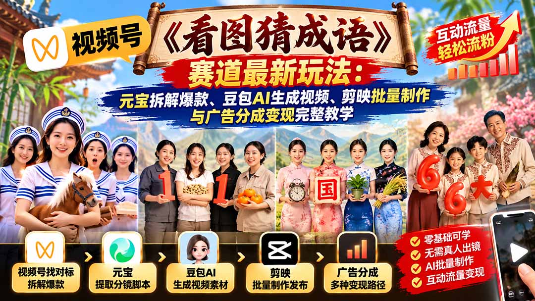 视频号《看图猜成语》赛道最新玩法：元宝拆解爆款、豆包AI生成视频、剪映批量制作与广告分成变现完整教学-独家科技资源网